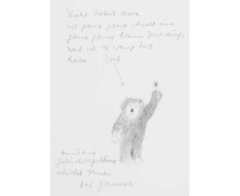 Janosch, Horst Eckert. Bleistiftzeichnung auf Gohrsmühle-Papier mit eigenhändigem Brief an Robert Marx. Unten mittig signiert