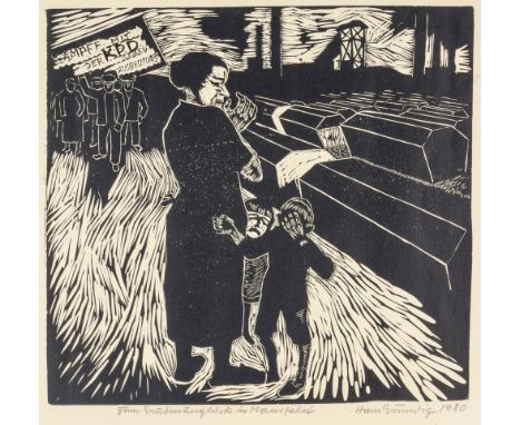 Grundig, Hans. Zum Grubenunglück in Mansfeld. Linolschnitt auf Velin. Von Lea Grundig, der Witwe des Künstlers unterhalb der 