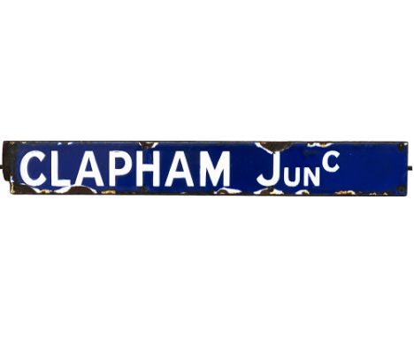 Southern Railway enamel CLAPHAM JUN from the Waterloo Departure Board. In good condition with a few small face and edge chips