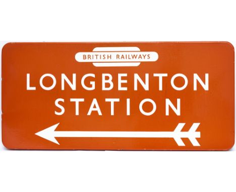 BR(NE) FF enamel station direction sign LONGBENTON STATION with British Railways totem and left facing arrow. From the former