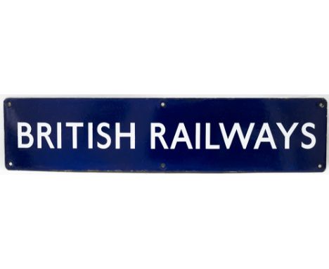 BR(E) Double Royal enamel poster board heading BRITISH RAILWAYS. In excellent condition measures 25.75in x 5.75in. One of the
