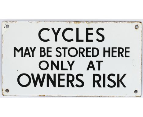 Post Office enamel sign CYCLES MAY BE STORED HERE ONLY AT OWNERS RISK. In very good condition with minor edge chipping, measu