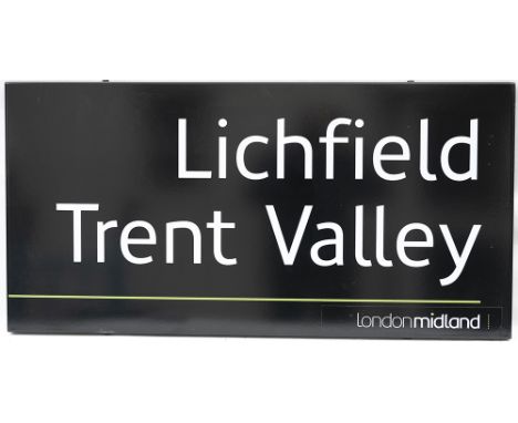 Modern image enamel station sign LONDON MIDLAND LICHFIELD TRENT VALLEY. Fully flanged in excellent condition measures 39.5in 