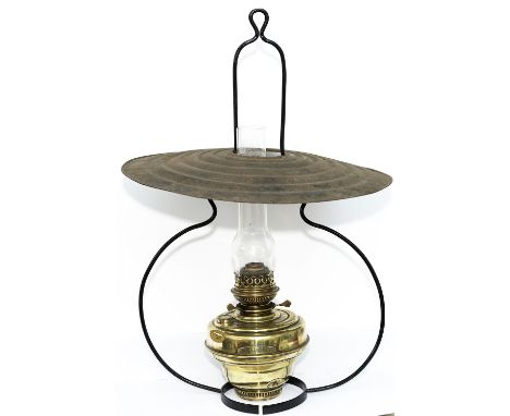 GER signal box hanging lamp brass reservoir plated HADDENHAM and complete with tri point adjustable round wick, glass funnel 