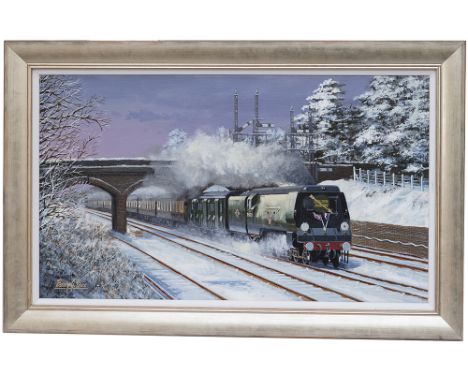 Original painting by Barry Price painted in 2023 of Southern Railway Bullied Merchant Navy 35028 Clan Line with the down Gold