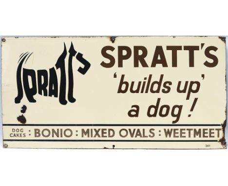 Advertising enamel sign SPRATT'S BUILDS UP A DOG ! DOG CAKES, BONIO, MIXED OVALS, WEETMEET. In very good condition, with some