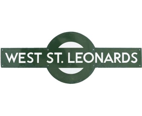 Southern Railway enamel target station sign WEST ST LEONARDS from the former South Eastern and Chatham Railway station betwee