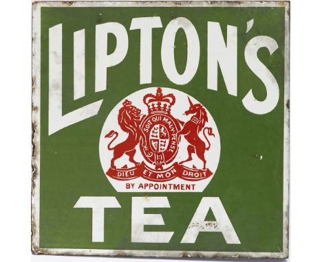 Advertising enamel sign LIPTON'S TEA. Double sided with wall mounting flange. In excellent original condition measures 12in x
