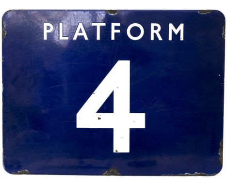 BR(E) FF enamel railway sign PLATFORM 4. In good condition with some edge chipping, measures 24in x 18in.