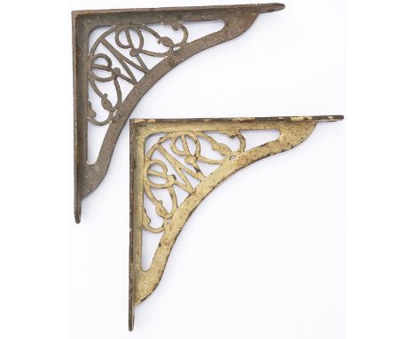 GWR cast iron Shelf Brackets a pair with GWR script lettering within the casting. Both in unrestored condition, measure 10.5i