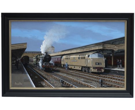 Original painting by Barry Price of D1000 Western Enterprise and GWR Castle 5072 Hurricane at Wolverhampton Low Level in the 
