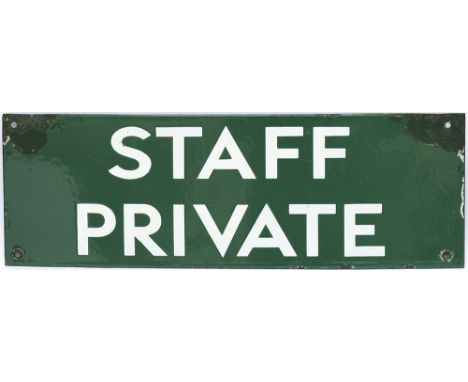 Southern Railway enamel doorplate STAFF PRIVATE. In good condition with chipping to the top corners measures 18in x 6in. 