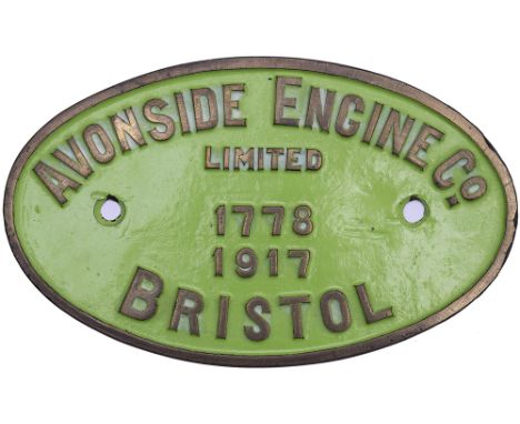 Worksplate AVONSIDE ENGINE Co LIMITED 1778 1917 BRISTOL. Ex 0-4-0ST delivered new to Millom Hematite Ore &amp; Iron Co at the