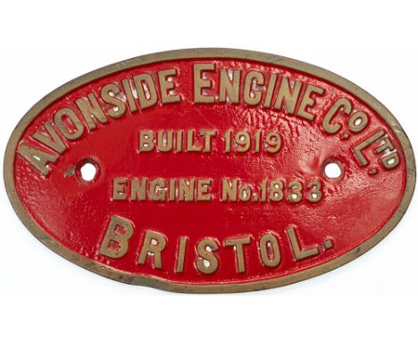 Worksplate AVONSIDE ENGINE Co LTD BRISTOL BUILT 1919 ENGINE No 1833. Ex 0-6-0ST named Littleton. Delivered new to Pearson, Co
