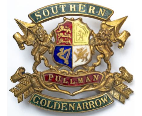 Southern Railway enamel cap badge SOUTHERN GOLDEN ARROW PULLMAN. In excellent condition complete with both mounting lugs and 