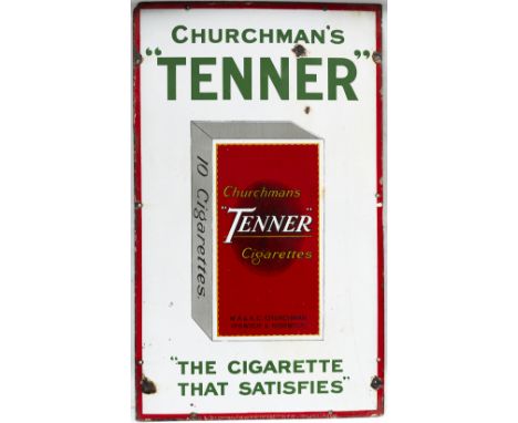 Enamel Advertising Sign CHURCHMANS TENNER THE CIGARETTE THAT SATISFIES. In very good condition with minor edge chipping, meas
