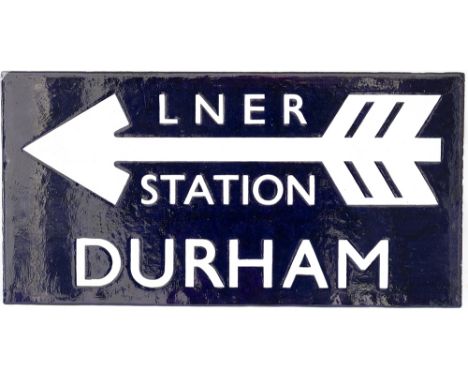 London &amp; North Eastern Railway enamel station direction sign LNER STATION DURHAM with feathered arrows. From the former N