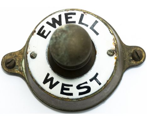 Southern Railway brass cased signal box bell push with enamel ring EWELL WEST. In very good condition measures 3.5in diameter