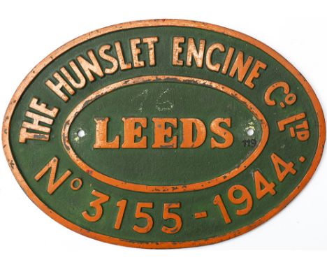 Worksplate THE HUNSLET ENGINE Co LTD LEEDS No 3155 1944, from a standard gauge Austerity 0-6-0ST new to the War Department at