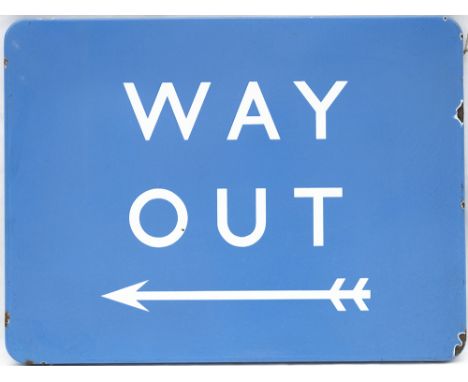 BR(SC) FF enamel railway sign WAY OUT with left facing arrow. In very good condition with minor chipping, measures 24in x 18i