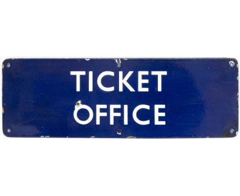 BR(E) enamel doorplate TICKET OFFICE. In very good condition with a few minor edge and face chips, measures 18in x 6in.