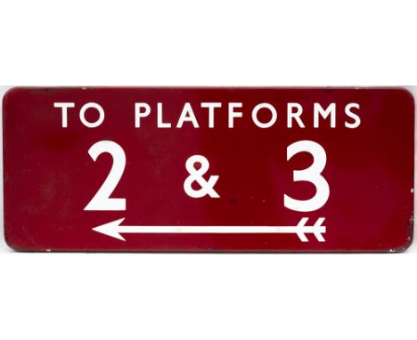 BR(M) FF enamel railway station sign PLATFORMS 2 &amp; 3 with left facing arrow. In very good condition with minor face chip 