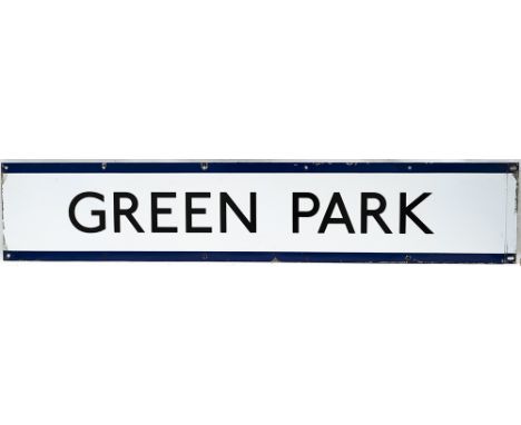 London Underground enamel frieze sign GREEN PARK. Measures 49.5in x 9.5in and is in excellent condition. 
