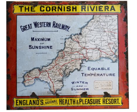 GWR Pictorial Enamel Map THE CORNISH RIVIERA GREAT WESTERN RAILWAY MAXIMUM OF SUNSHINE EQUATBLE TEMPERATURE WINTER AND SUMMER
