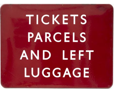 BR(M) FF enamel railway station sign TICKETS PARCELS AND LEFT LUGGAGE. In very good condition with minor edge chipping, measu
