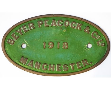 Worksplate BEYER PEACOCK &amp; CO LD 1918 MANCHESTER. Ex Cambrian Railway 15 class 0-6-0 supplied to the Cambrian in November