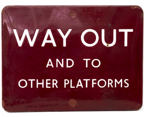 BR(M) FF enamel railway sign WAY OUT AND TO OTHER PLATFORMS. In good condition with a few face repairs, measures 24in x 18in.