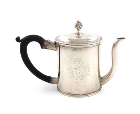 A George III silver argyle, by Aaron Lestourgeon, London 1772, cylindrical form, the pull-off cover with a gadroon border and