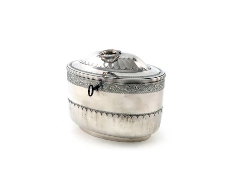 A George III silver tea caddy, by Fogelberg and Gilbert, London 1787, oval form, part-fluted decoration below an engraved fol