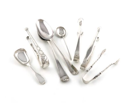 A mixed lot of silver flatware,various makers and dates,comprising: four pairs of sugar tongs, including one by Hester Batema