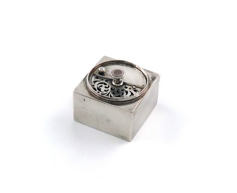 An 18th century French silver travelling sander, Paris 1783, square form, engraved with an armorial, the sliding cover opens 