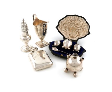 A mixed lot of silver items,including: a George III cream jug, London 1791, a hipflask, a George III pepper pot, London 1788,