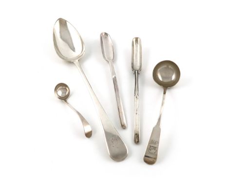 A mixed lot of silver flatware, various dates and makers, comprising: an Old English pattern basting spoon, London 1800, two 