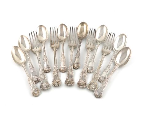 A collection of antique silver Kings pattern flatware,comprising: eight dessert forks by Messrs. Lias, and five table forks, 