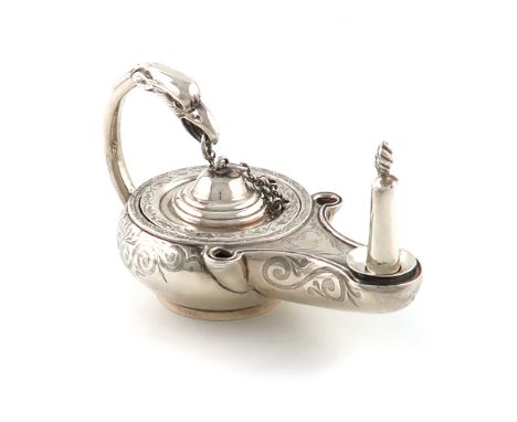A Victorian silver table cigar lighter,  by James Edington, London 1853, modelled as a classical oil lamp, scroll handle with