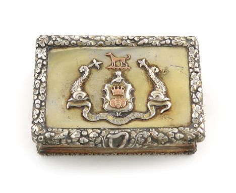 A William IV Irish silver-gilt snuff box, maker's mark for J.J, Dublin 1830, rectangular form, incurved sides, the hinged cov