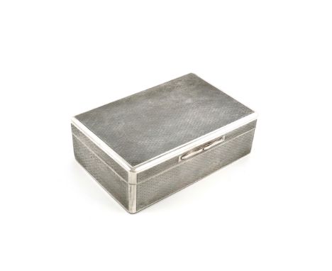 A silver cigarette box,by Joseph Raymond, London 1919,rectangular form, engine-turned decoration, wood lined and gilded inter