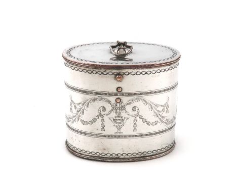A George III old Sheffield plate tea caddy, unmarked, circa 1790, oval form, engraved decoration, beaded borders, the hinged 