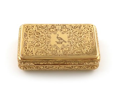 A Victorian presentation 18-carat gold snuff-box, by Wiliam Summers, London 1864, rectangular form, engraved foliate scroll d