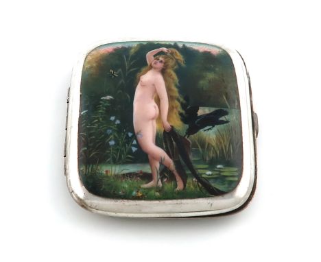 A silver and enamel erotic cigarette case,with import marks for Birmingham 1904,rounded rectangular form, the cover enamelled