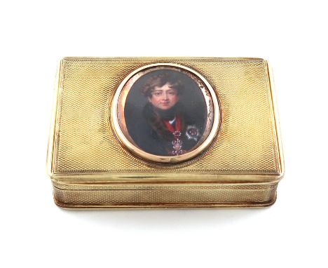 An early-Victorian silver-gilt portrait snuff box, by John Linnit, London 1839, rectangular form, engine-turned decoration, t