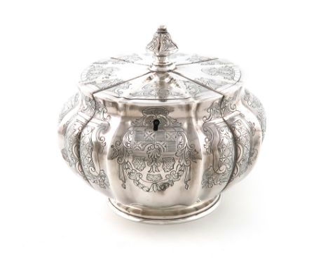 A Victorian silver tea caddy, by William Moulson, London 1857, retailed by Lambert and Rawlings, lobed circular bellied form,