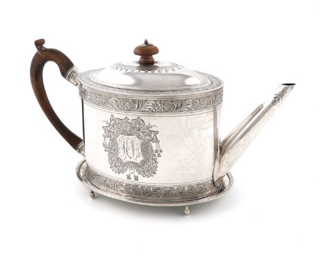 A George III silver teapot and stand, by Henry Green, London 1792, oval form, bright-cut foliate decoration and borders, wood