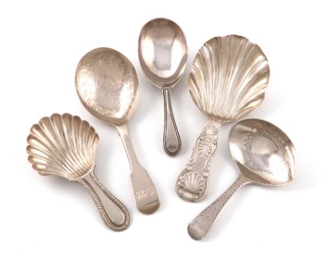 A small collection of five antique silver caddy spoons,comprising: a King's pattern one, by John Walton or John Wright, Newca