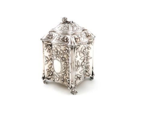 A George III silver tea caddy, by William Vincent, London 1768, shaped rectangular form, with foliate decoration, pull-off co
