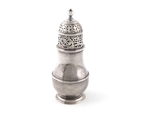 A Queen Anne silver sugar caster,by Charles Adam, London 1713,baluster form, the pull-off cover with pierced decoration and w